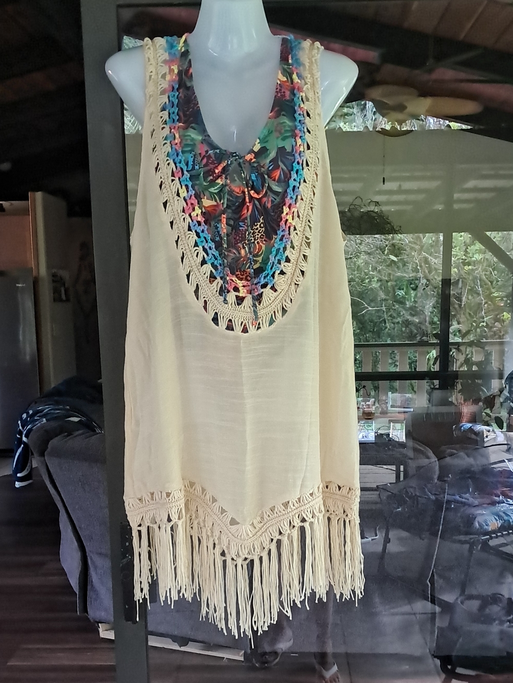 Crochet-Trim Cream Fringe Women's Tunic Top